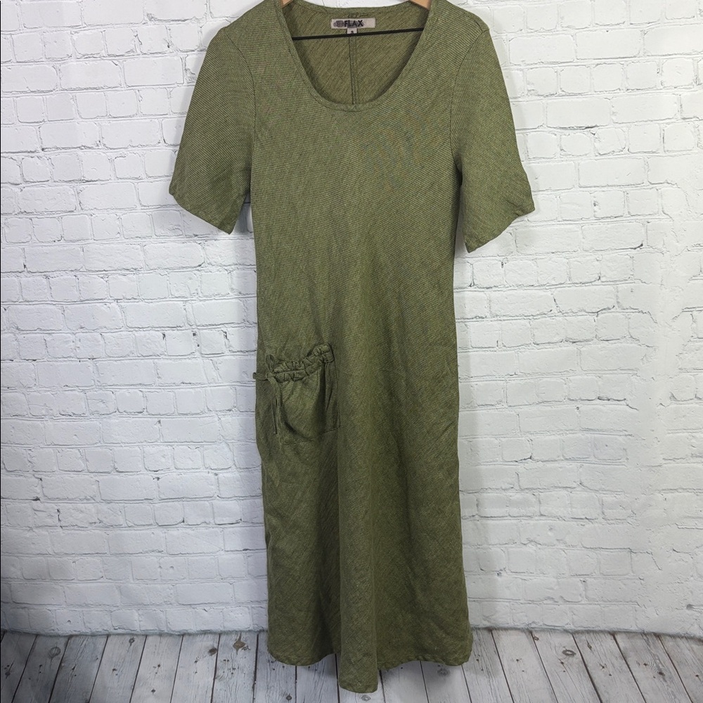FLAX Linen Green A-Line Short Sleeve Popover Dress size small